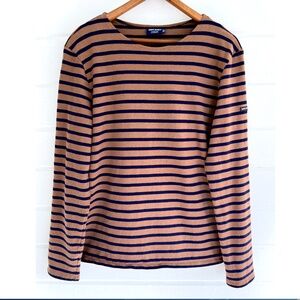 SAINT JAMES Meridien Moderne Breton Stripe T Shirt in Tan & Navy - XL